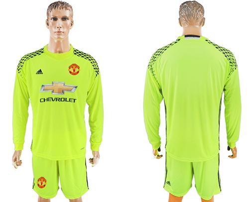 Manchester United Blank Shiny Green Goalkeeper Long Sleeves Soccer Club Jersey - Click Image to Close